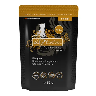 catz finefood PURRRR Nr. 107, kænguru, monoprotein, high premium, kornfri, uden dyreforsøg, Made in Germany, 85 g, 98% kødandel, uden tilsat sukker.