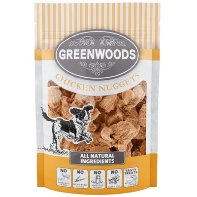 GREENWOODS Chicken Nuggets, All Natural Ingredients. Geen toegevoegd rund of varkensvlees, gluten, ei, zuivel of soja. Tasty Treats.