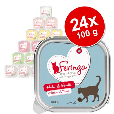 Feringa Huhn & Forelle Chicken & Trout kissan märkäruoka, 24 x 100 g annospakkausta. Pakkauksessa sininen etiketti ja tekstiä saksaksi sekä englanniksi.
