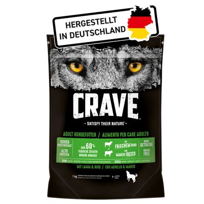 CRAVE Adult Hundefutter, Satisfy Their Nature, min. 60 % živočíšnych zložiek, s čerstvým hovädzím, bez obilnín, vyrobené v Nemecku. Balenie 1 kg.