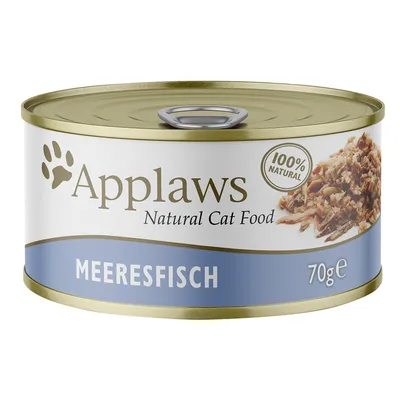 Konzerva Applaws Natural Cat Food, 100% Natural, MEERESFISCH, hmotnosť 70 g. Text na obale v angličtine a nemčine.