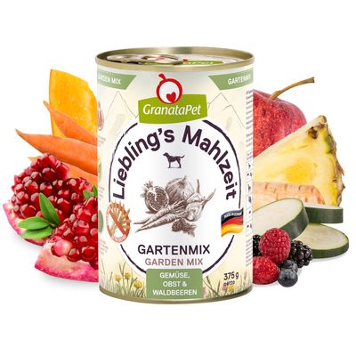 GranataPet Lieblings Mahlzeit Gartenmix, Gemüse, Obst & Waldbeeren, Made in Germany, 375g Dose. Zutaten: Granatapfel, Süsskartoffel, Apfel, Ananas, Zucchini, Beeren.