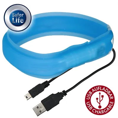 Blaues LED-Halsband mit USB-Kabel, wiederaufladbar. Text: Safer Life und USB aufladbar.