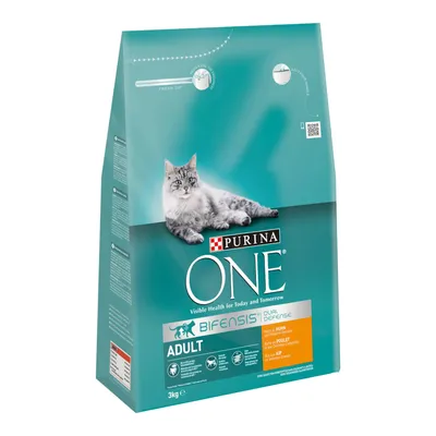 Sac hrană uscată pentru pisici Purina ONE Adult, Bifensis Dual Defense, cu pui, 3 kg. Text vizibil: 'Visible Health for Today and Tomorrow', 'ADULT', pictogramă pisică, instrucțiuni pe ambalaj.