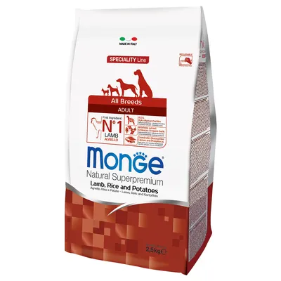 Monge Natural Superpremium Adult All Breeds, lam, rijst en aardappelen. Gemaakt in Italië. Hoofdingrediënt: lam. Verpakkingsgrootte: 2,5 kg. Monge Natural Superpremium Adult All Breeds, lam, rijst en aardappelen. Gemaakt in Italië. Hoofdingrediënt: lam. Verpakkingsgrootte: 2,5 kg.