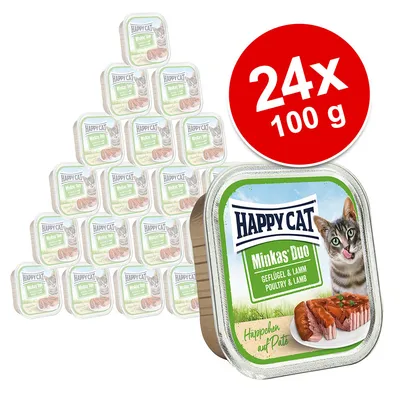 Happy Cat Minkas Duo ave y cordero, 24x100g. Se muestran bandejas con comida húmeda y símbolo rojo con cantidad.