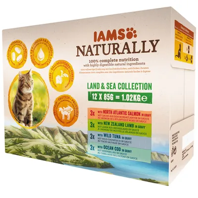 IAMS Naturally Land & Sea Collection kattemad, 12 x 85 g = 1,02 kg. Indeholder: 3x North Atlantic Salmon, 3x New Zealand Lamb, 3x Wild Tuna, 3x Ocean Cod. Synlig kattebillede på emballagen.