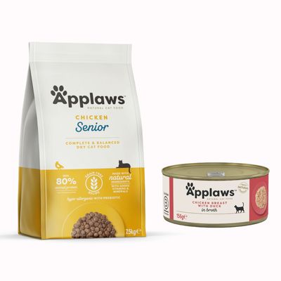 Applaws Natural Cat Food karma sucha dla kotów dorosłych Chicken with Salmon, 80% białka zwierzęcego, bez zbóż, puszka z piersią kurczaka i kaczką, znak procentowy oznaczający promocję.