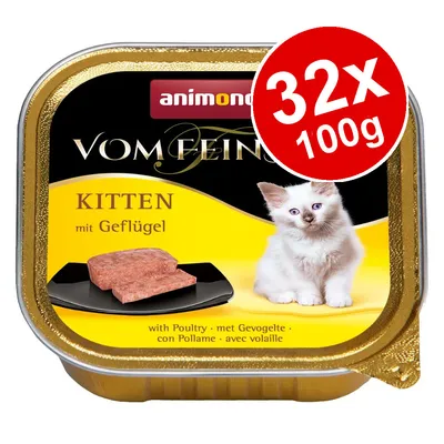 animonda Vom Feinsten KITTEN mit Geflügel, 32x100g. Image shows tray with poultry flavour food and kitten. Text: with Poultry, met Gevogelte, con Pollame, avec volaille.