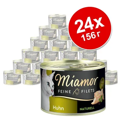 Комплект 24 консерви Miamor Feine Filets Huhn Naturell, 156 г. На етикета има изображение на котка и пилешко филе. Комплект 24 консерви Miamor Feine Filets Huhn Naturell, 156 г. На етикета има изображение на котка и пилешко филе.