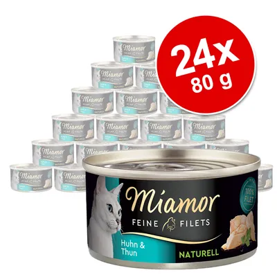 Miamor Feine Filets Naturell, csirke és tonhal, 24x80g konzerv, 100% filé. Macskaeledel adalékanyagok nélkül.