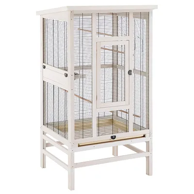Vogelkooi van hout met metalen tralies, rechthoekige vorm, twee zitstokken en uitschuifbare lade voor eenvoudige reiniging. Vogelkooi van hout met metalen tralies, rechthoekige vorm, twee zitstokken en uitschuifbare lade voor eenvoudige reiniging.