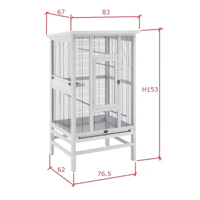Dimensions de la volière : largeur 83 cm, profondeur 67 cm en haut et 76,5 cm en bas, hauteur 153 cm, profondeur inférieure 62 cm. Structure en métal et bois visibles.