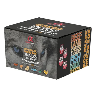 alpha spirit Dog Snack Mixed Box, semi-moist hypoallergenic snacks for dogs. Visible text: beef, lamb, cheese & yogurt, fish, duck, chicken. Grain free, meat meal free, fresh meat only.