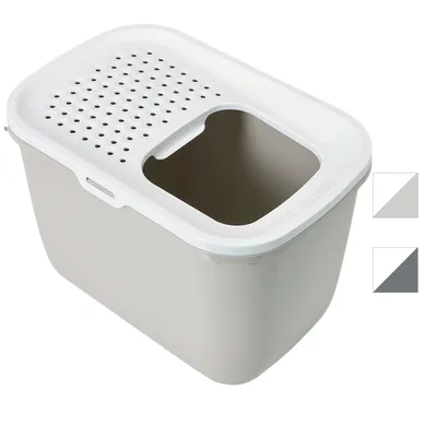 Caja de plástico gris claro con tapa blanca perforada y apertura superior grande. Se muestran dos opciones de color: gris claro y gris oscuro.
