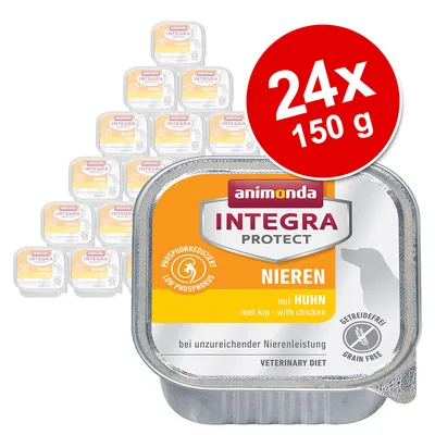 animonda Integra Protect Nieren met kip, 24 x 150 g. Phosphorreduziert, graanvrij. Tekst: bij onvoldoende nierfunctie, veterinary diet.