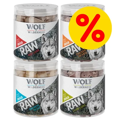Wolf of Wilderness RAW Snack: Beef Liver, Chicken Hearts, Salmon Fillet, Lamb Lung. Gefriertrocknete Snacks im Vorteilspack mit Prozentzeichen.