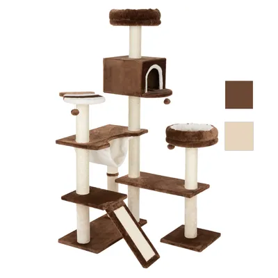 Cat tree with multiple levels, cave, resting areas and sisal scratching surfaces. Colours: brown and beige.
