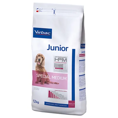 Корм для собак Virbac Junior Special Medium, 12 кг. На упаковке изображена собака, указаны бренды Veterinary HPM и Nutrition, видна диаграмма и состав: белок 32 %, жир 15 %. Корм для собак Virbac Junior Special Medium, 12 кг. На упаковке изображена собака, указаны бренды Veterinary HPM и Nutrition, видна диаграмма и состав: белок 32 %, жир 15 %.