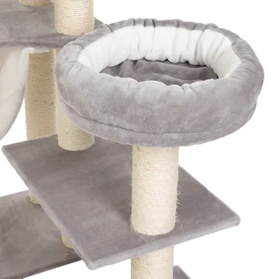 Rascador para gatos con postes de sisal beige y plataformas tapizadas en tela gris, incluye una cama redonda acolchada en la parte superior.