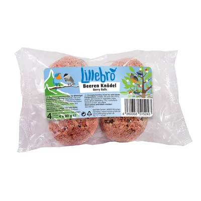 Paquet de 4 boules pour oiseaux sauvages, marque Lillebro, Beeren Knödel Berry Balls, 4 x 90 g. Texte en anglais et allemand visible sur l’étiquette.