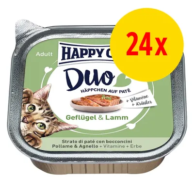 Happy Cat Duo Häppchen auf Paté, Geflügel & Lamm, Adult, 24x. + Vitamine + Kräuter. Strato di paté con bocconcini Pollame & Agnello + Vitamine + Erbe.