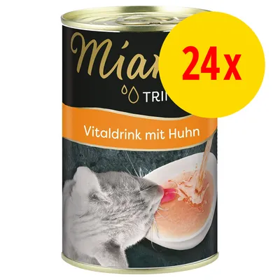 Miamor Trink Vitaldrink mit Huhn, dåse med billede af kat der drikker fra skål. Gul cirkel med rød tekst: 24x.