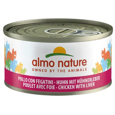 Almo Nature Dose, Huhn mit Hühnchenleber. Text: 'Owned by the Animals'. Mehrsprachige Produktbeschreibung sichtbar.