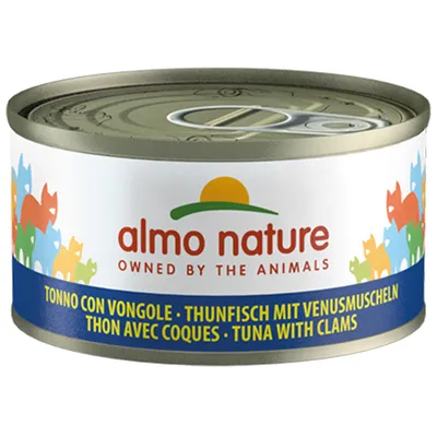 Almo Nature tuna with Venus clams. Label in four languages: German, English, Italian, French. Tin with colourful cat design.