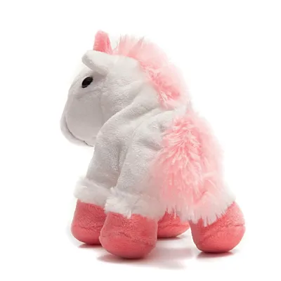 Giocattolo di peluche a forma di unicorno bianco con criniera, coda e zoccoli rosa.