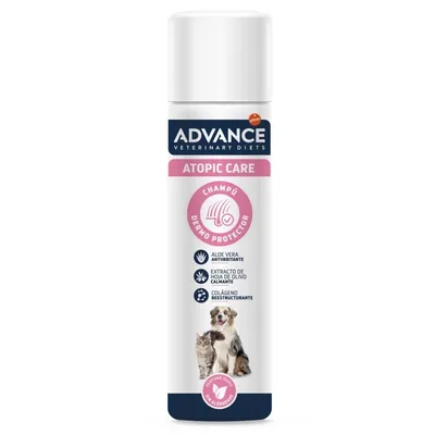 Atopic care shampoo with aloe vera, olive leaf extract and collagen. Features anti-irritant, soothing and restructuring properties. Hypoallergenic perfume. Image shows a dog and a cat.