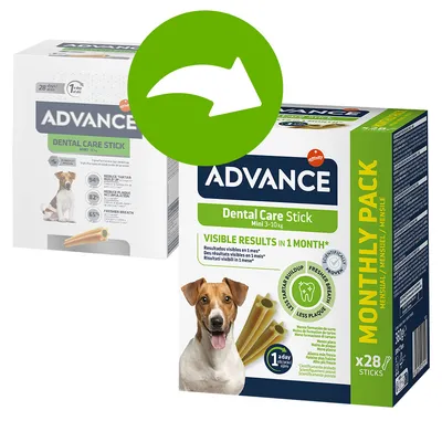 Advance Dental Care Stick Mini 3–10 kg, Monthly Pack x28 sticks. Resultados visibles en 1 mes. Reduce la placa y el sarro, aliento más fresco. Imagen de perro y palitos dentales en el envase.