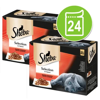 Две опаковки Sheba Selection in Sauce, всяка с 12 х 85 г пауча. Зелен кръг с бяла икона на пауч и числото 24.