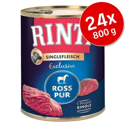 RINTI Singlefleisch Exclusive Ross Pur, 1 Protein Single, getreidefrei. Pakke med 24 dåser à 800 g. Billede af kød og hest på dåsen.