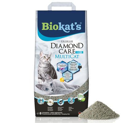 Biokat's Diamond Care Fresh Multicat kattenbakvulling met actieve kool, FreshLock Formula, AromaProtect, 44 dagen, CO2-vriendelijk, klontvormend, 8 liter.