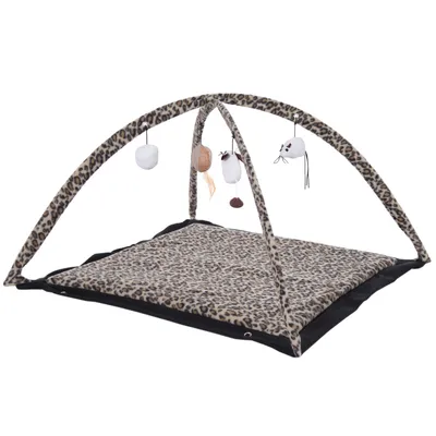 Tapete de brincar com padrão de leopardo e arco de jogos, brinquedos suspensos como ratos e bolas. Ideal para brincadeira interativa.