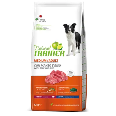 Natural Trainer Medium/Adult hundefoder med oksekød og ris, 12 kg. Fremstillet i Italien, uden farvestoffer, konserveringsmidler, tilsat sukker. Ingredienser: cikorie rod, spirulina-alge.