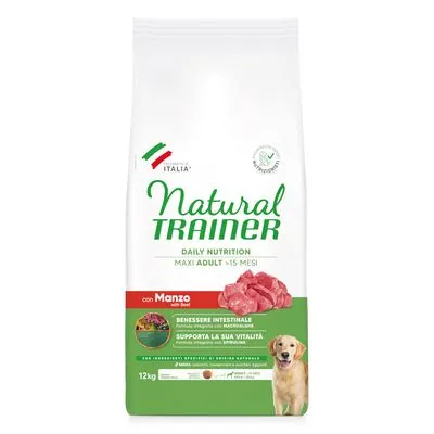 Zak Natural Trainer Maxi Adult >15 Mesi Daily Nutrition met rund, 12 kg. Tekst: Benessere intestinale, Supporta la sua vitalità. Afbeelding van hond en stukjes rundvlees.