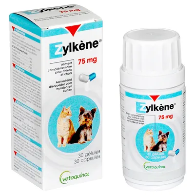 Zylkène 75 mg, confezione e flacone da 30 capsule, alimento complementare per cani e gatti. Marchio Vetoquinol, immagini di un gatto e un cane sulla confezione.