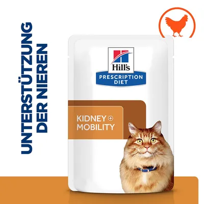 Hill's Prescription Diet Kidney + Mobility, texte visible : UNTERSTÜTZUNG DER NIEREN, image d'un chat et pictogramme poulet. Texte en anglais et allemand.