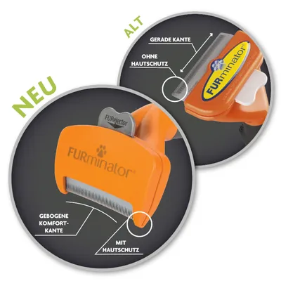 FURminator, comparație între modelul nou cu margine curbată și protecție pentru piele (mit Hautschutz) și modelul vechi cu margine dreaptă fără protecție (ohne Hautschutz). Text în germană.