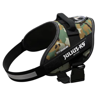 Julius-K9 IDC-Power hondentuig met camouflage-design, stevige handgreep en reflecterende elementen.