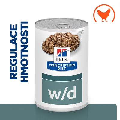 Konzerva Hill's Prescription Diet w/d, nápis REGULACE HMOTNOSTI, obrázek lžíce s krmivem, oranžová silueta kuřete v kruhu. Konzerva Hill's Prescription Diet w/d, nápis REGULACE HMOTNOSTI, obrázek lžíce s krmivem, oranžová silueta kuřete v kruhu.