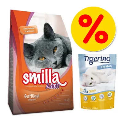 Smilla Adult Geflügel kattenvoer 10 kg en Tigerino Crystals Classic Silicate Litter 5 l, voordeelactie met geel kortingssymbool zichtbaar.