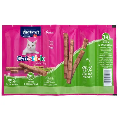 Vitakraft CatStick healthy, 6 пръчици, рецепта без захар и зърнени храни, 95% допълнително месо, с пиле и котешка трева.