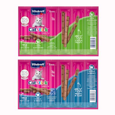 Vitakraft CatStick healthy, 6 kpl, 95 % lihaa ja kalaa, ruijanpallas ja Omega 3, sokeriton resepti, viljaton, MSC-sertifioitu.