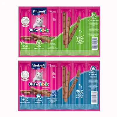 Vitakraft Cat Stick Healthy - 24 x 6 g lajitelma: punakampela & omega-3 + kana & kissanruoho Vitakraft Cat Stick Healthy - 24 x 6 g lajitelma: punakampela & omega-3 + kana & kissanruoho