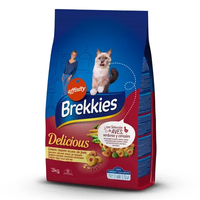 Affinity Brekkies Delicious, 3 kg. Rapeat nappulat, joissa on kinkkutäyte, valikoima siipikarjaa, vihanneksia ja viljaa. 100 % täysravinto ja tasapainoinen.