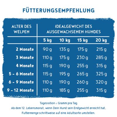 Fütterungsempfehlung für Welpen: Tagesration in Gramm nach Alter und Idealgewicht des ausgewachsenen Hundes, von 2 bis 12 Monate, Gewichte 5-20 kg. Hinweise zur Umstellung ab 12 Monaten.