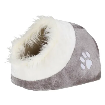 Graues und weisses Kuschelbett mit Plüsch-Innenfutter und Pfotenmotiv, geeignet als Rückzugsort für Haustiere. Graues und weisses Kuschelbett mit Plüsch-Innenfutter und Pfotenmotiv, geeignet als Rückzugsort für Haustiere.